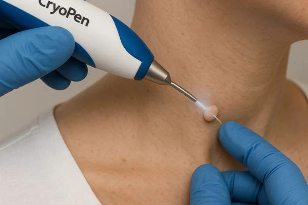 Person receiving cryotherapy Gloucester for skin tag removal