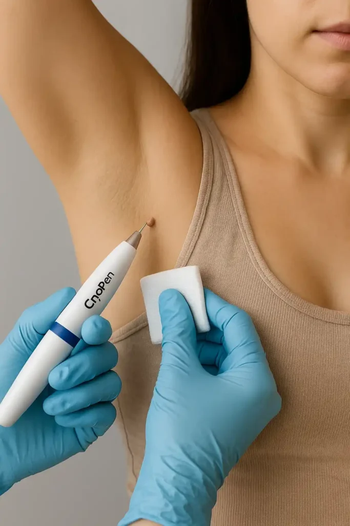 woman having cryopen to remove underarm skin tags Gloucester