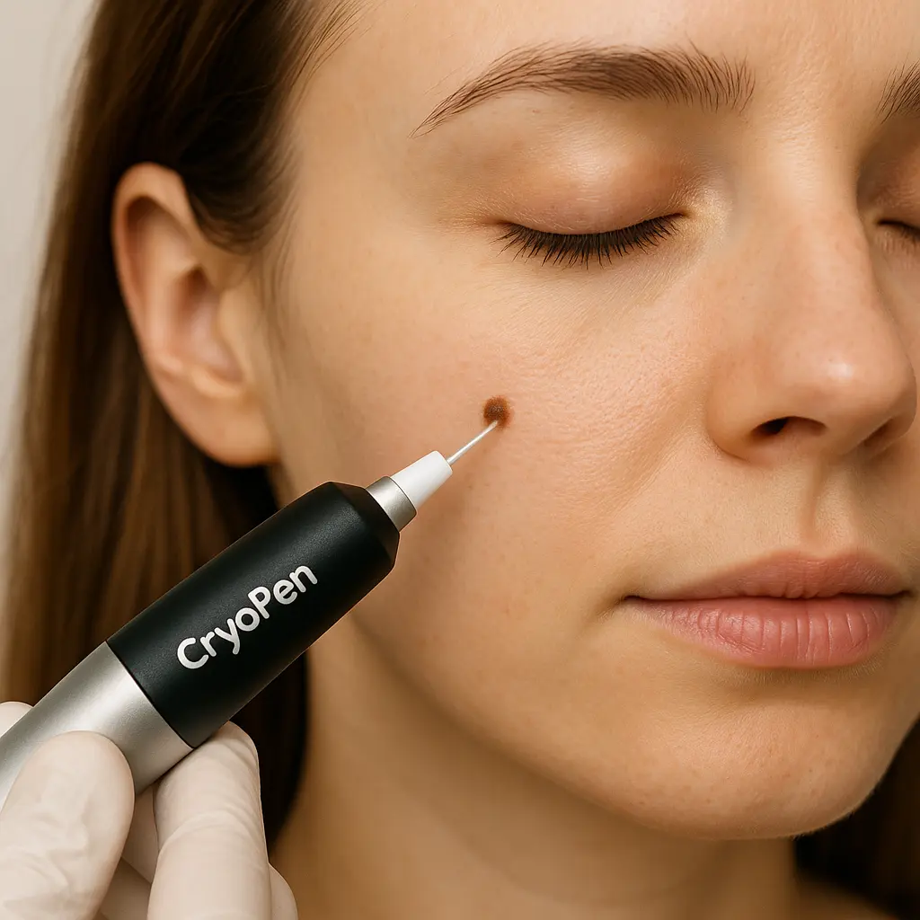 woman receiving facial mole removal Gloucester using cryopen 