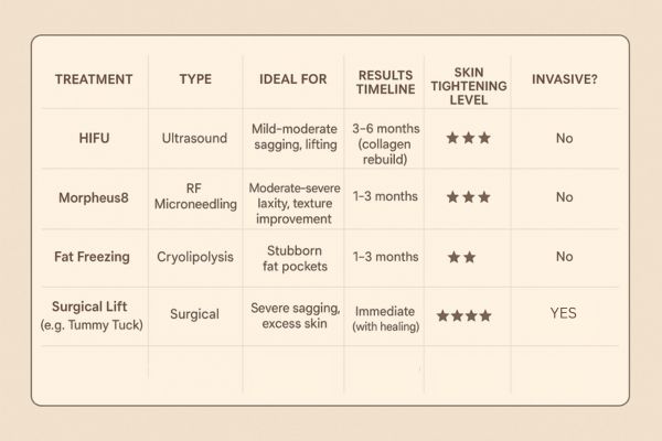 Table showing the comparisons of Skin tightening Gloucester treatment options. 